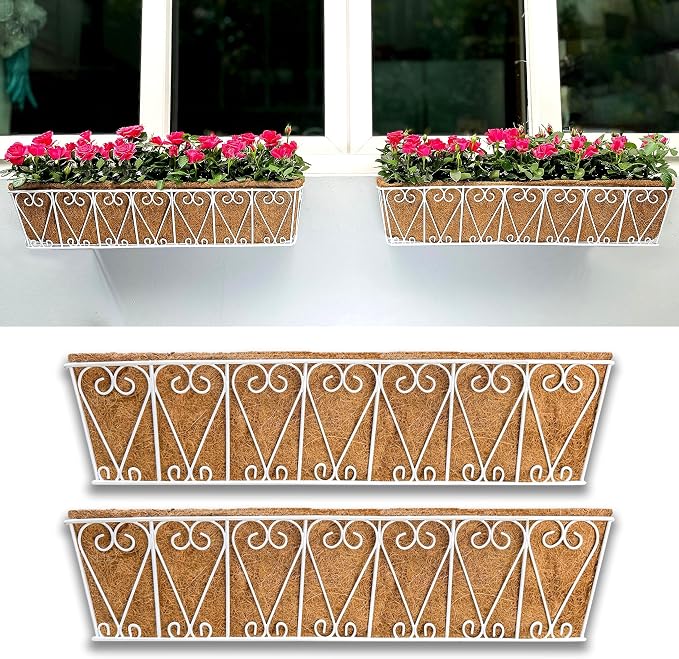LaLaGreen Wall Hanging Planter - 2 Pack, 30 Inch Deck Railing Planter, Window Flower Boxes Basket Outdoor White Deck Railing Hanging Pot Coco Liner Metal Plant Holder Fence Planter Balcony Patio Porch