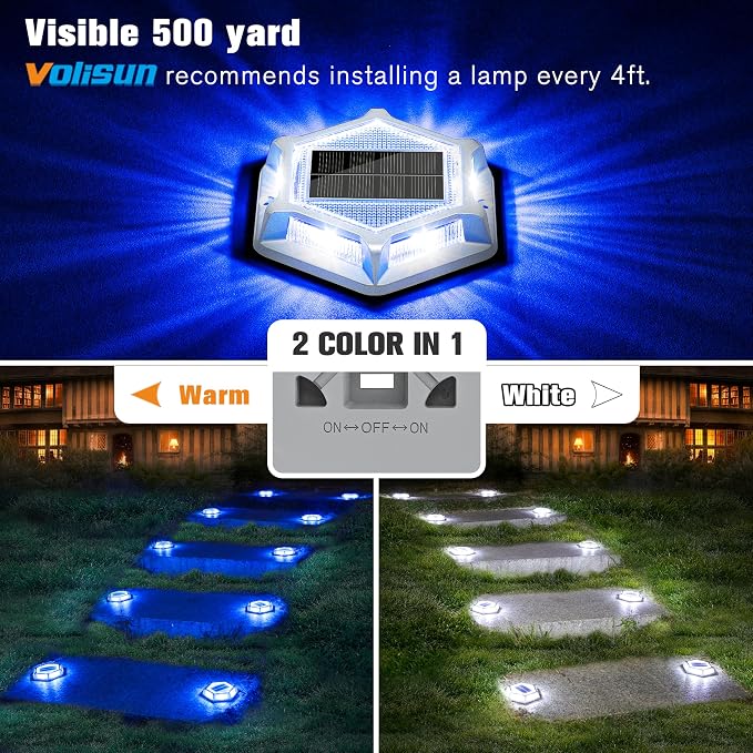 VOLISUN Solar Driveway Lights Dock Outdoor Waterproof Marker Lights,12 Pack Solar Deck Lights 2 Colors in 1 Led Wireless IP67,Solar Blue Deck Lights for Sidewalk Pathway Yard(White/Blue),Auto On/Off