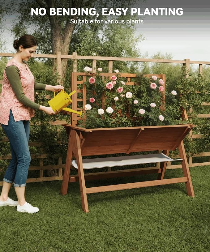GarveeHome 52x30x54 in Raised Garden Bed with Legs, Elevated Wooden Raised Planter Box with Vine Climbing Trellis Outdoor Standing Growing Bed for Growing Vegetables Flowers Herbs
