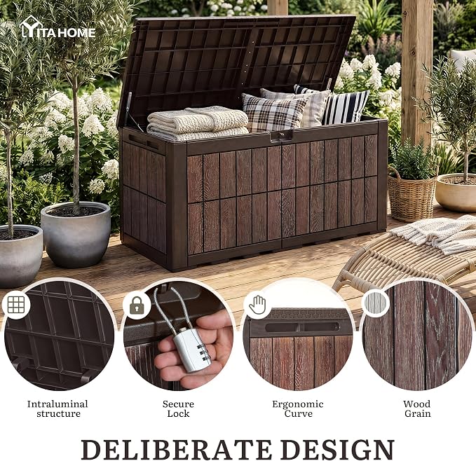 YITAHOME 134 Gallon Large Deck Box, Waterproof Resin Outdoor Storage Box with Lock, Doubles as Bench Seating for Patio Furniture Cushion, Garden Tools &Pool Accessories, Dark Brown & Wood-Grain Brown