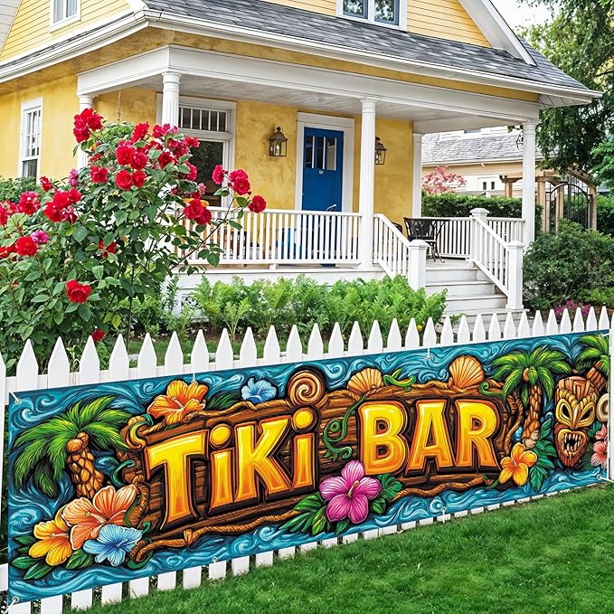 10x3 ft Extra Large Summer Tiki Bar Banner Outdoor 115''x35'' Summer Tropical Banner for Fence Outside Garden Large Flower Banners Yard