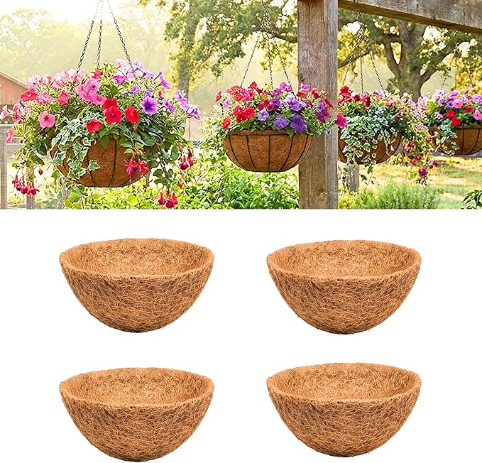 LaLaGreen 12'' (4 Pack, Round) Coco Liners for Hanging Basket – Small Coir Fiber Replacement for Flower Pot, Garden Holder, DIY Outdoor Planter – Multi Sizes 8/10/14/16/18/20 Inch & Different Shapes