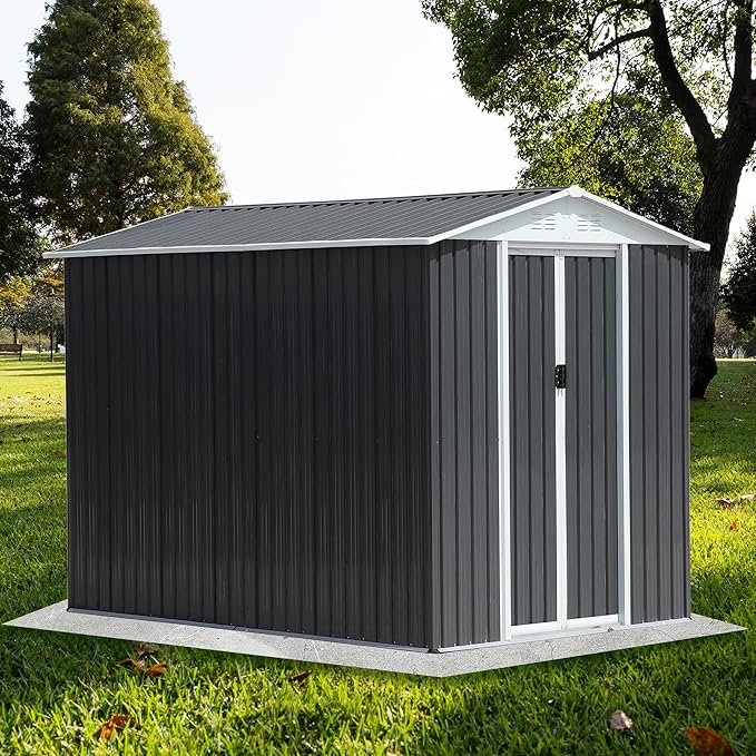 YOPTO 6x9FT Outdoor Storage Shed,Waterproof Metal Cabinet with Apex Roof and Lockable,Storage Sheds House Shelter w/Vents,Tool House for Storing Bicycles,Lawnmowers,Grey