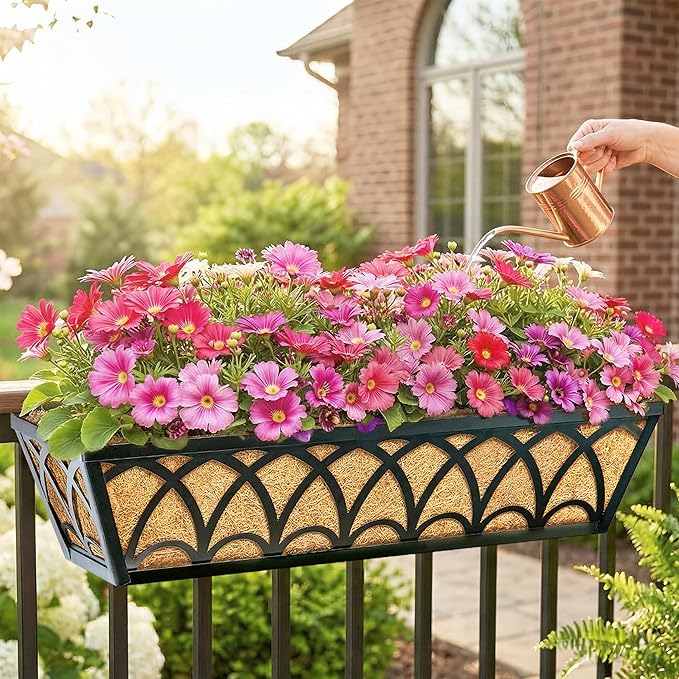 24 Inch Railing Planter Box Window Boxes Planters - 4 Pack Deck Railing Planter Boxes with Adjustable Brackets Coco Liners Balcony Planters Railing Hanging for Window Flower Boxes Outdoor Garden Decor