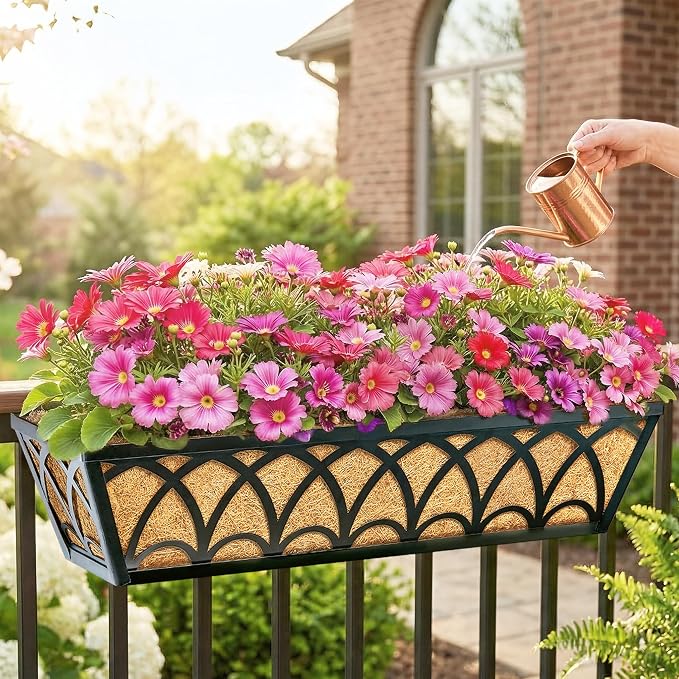 30 Inch Railing Planter Box Window Boxes Planters - 4 Pack Deck Railing Planter Boxes with Adjustable Brackets Coco Liners Balcony Planters Railing Hanging for Window Flower Boxes Outdoor Garden Decor