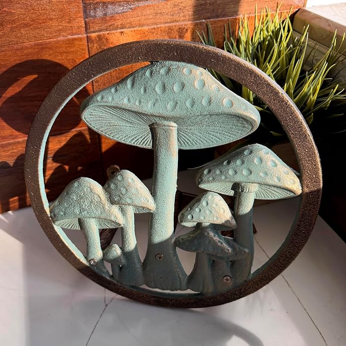 Zeckos 11.75 Inch Cast Iron Mushroom Garden Hose Holder, Verdigris and Bronze Outdoor Hose Hanger with Matching Hardware for Porch, Patio, Fence or Yard Wall Decor and Garden Hose Storage