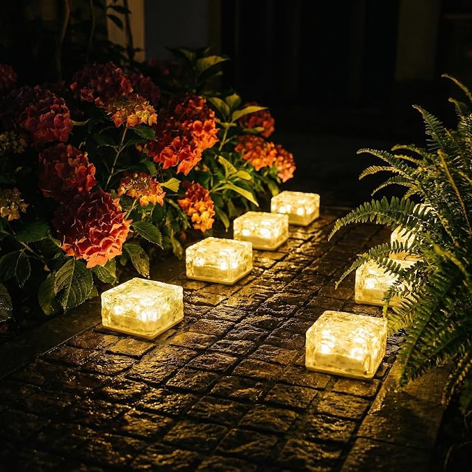 Solar Powered LED Acrylic Brick Lights, Multicolor Water Ripple Design, Waterproof In-Ground Landscape Path Lights for Outdoor Garden Patio Walkway (Warm)