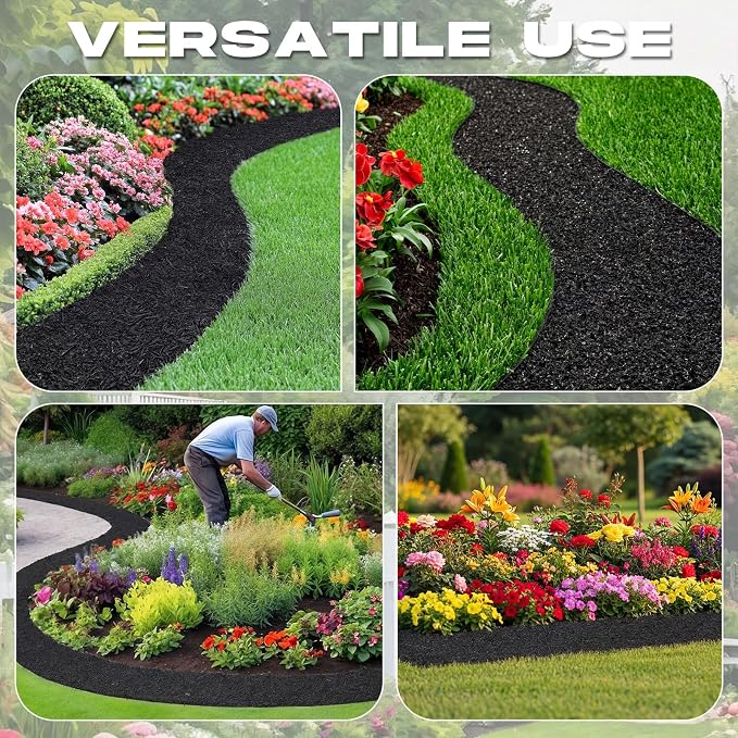 Pushglossy 140" x 5.5" Black Rubber Mulch Roll for Landscaping, Recycled Rubber Mulch Mat, Permanent Cuttable Weed Barrier Garden Edging Border for Plants Vegetables and Flowers