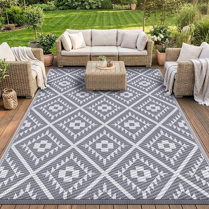 COOLTOP 8'x10’ Outdoor Rug for Patios Porches, Waterproof Plastic Camping Rugs, Modern Reversible Mat, Large Area Rugs for Backyard, Deck, RV, Balcony, Picnic, Beach, Grey & White