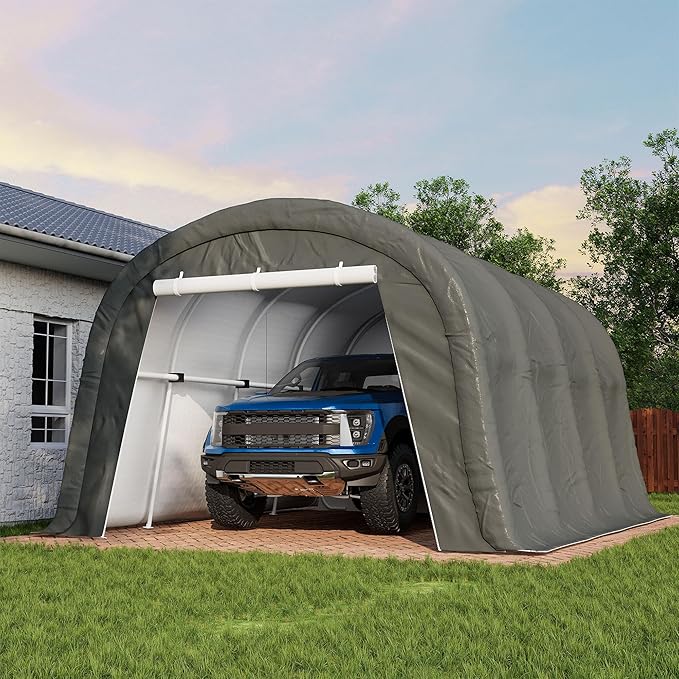 COSIEST 13'×20' Storage Shelter Outdoor Round Carport, Heavy-Duty Garage Canopy with Dual Roll-Up Doors Weatherproof PE Cover, Multi-Purpose Vehicle/Tractor Shed for Backyard/Driveway/Farm(Gray)