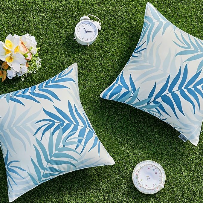 MIULEE Pack of 2 Decorative Outdoor Waterproof Throw Pillow Covers Patio Pillow Cases Natural Leaves Pattern Spring Square Cushion Shams Shell for Garden Balcony Couch 16x16 Inch, Light Blue