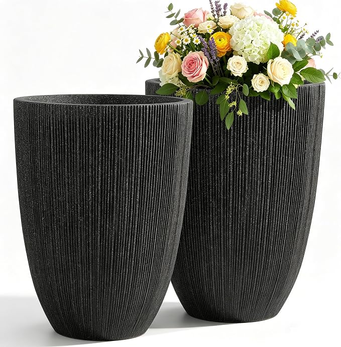 19" Concrete-Style Tall Round Planters for Indoor Outdoor Plants, Set of 2 Decorative Fluted Large Flower Pot, UV-Resistant Top-Tier Resin Planters for Garden Patio Porch Home Office Decor