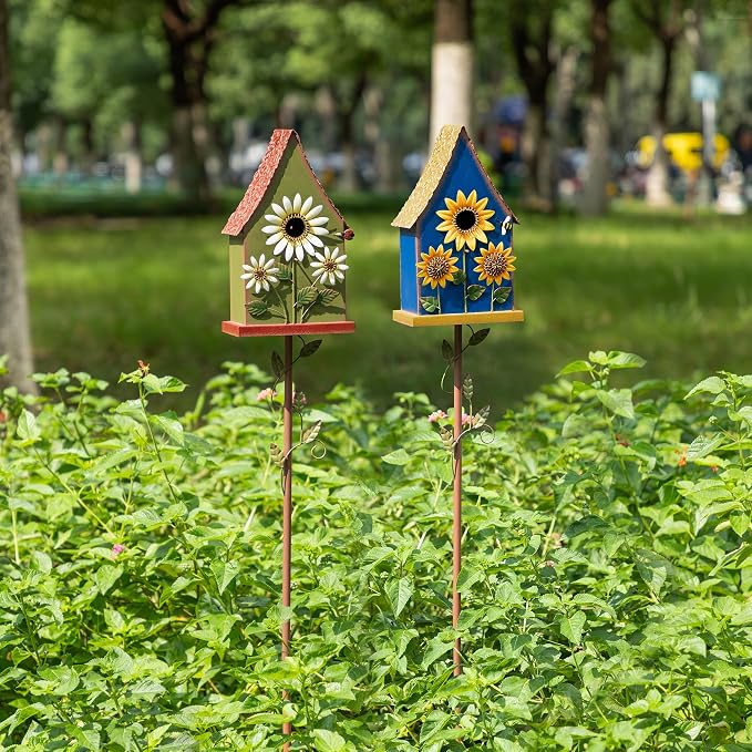Glitzhome 52.5" Blue Metal Birdhouse Outdoor with Stake, Sunflower Accents Decorative Standing Bird House for Garden, Farmhouse Iron Nesting Box with Vine Details