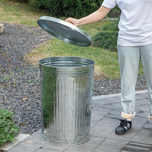 Gardenised Round Galvanized Steel, 26 Gallon Trash Can with Lid - Durable Metal Bucket for Backyard, Lawn, Garden and Yard Use - Weather-Resistant Garbage Can for Indoor and Outdoor, 28-inch