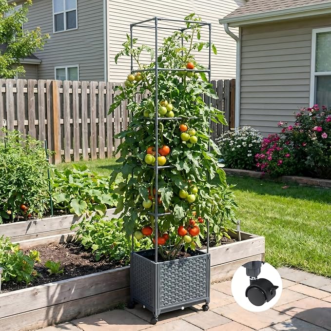 Raised Garden Bed Tomato Planter Box with Trellis, 67.6" Tomato Planters Cage w/Self-Watering for Climbing Plants Vegetables, Patio Indoor Outdoor