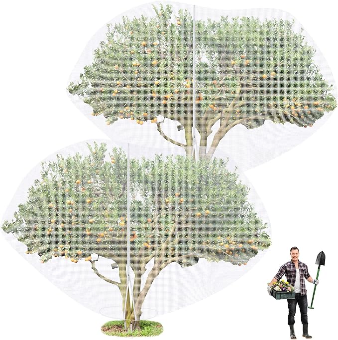 2 Pcs 15 x 15 ft Large Fruit Tree Netting for Protecting Fruit from Squirrels Birds Bug Deer & Rat Garden Mesh Netting with Zipper and Drawstring for Blueberry Peach Apple Garden Bushes