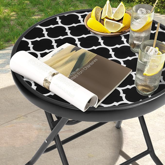 Foldable Patio Side Tables, 17.7" Small End Table Outdoor Weatherproof, Round Glass Top Outside Folding Table for Poolside, Balcony, Yard, Porch（Black and White Stripe）