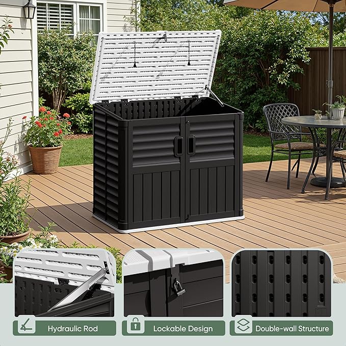 Devoko Resin Outdoor Storage Shed, 34 Cu Ft Outdoor Storage Cabinet Without Shelf, Waterproof, Double Locks, Resin Storage for Trash Can, Garden Tools, Pool Supplies (Black)