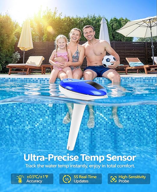 Sinbyuer 2026 Solar Digital Pool Thermometer with Rope | Easy Read Large LCD Display & Big Numbers Floating Pool Thermometer | High Precision & IP68 Waterproof Pools Temperature Gauge for Hot Tub, Spa