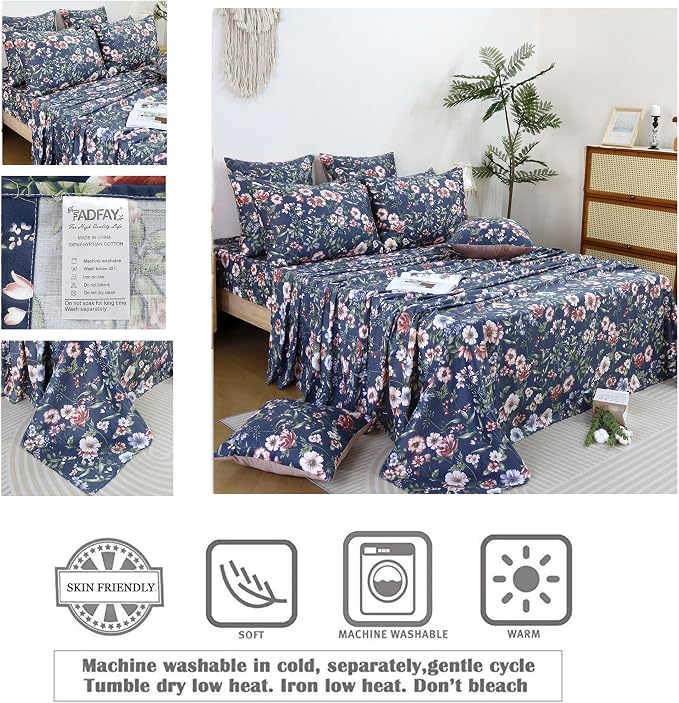 FADFAY Sheets Set Cal King Vintage Dark Blue Floral Bedding Shabby Peony Floral Sheets French Country Bedding 800 Thread Count 100% Egyptian Cotton Deep Pocket Fitted Sheet 4Pcs, California King Size