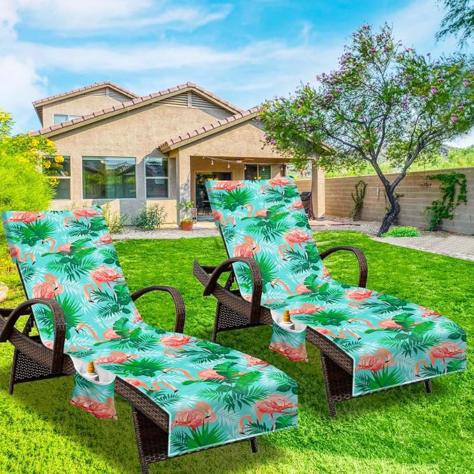 Lounge Chair Towel Cover, Beach Chair Cover (Pack of 2),Pool Lounge Chair Covers for Outdoor,Garden,Beach,Sun Lounger,Hotel pool,Large Size and No Sliding, 85" X 30",Green Coral Pink Flamingo