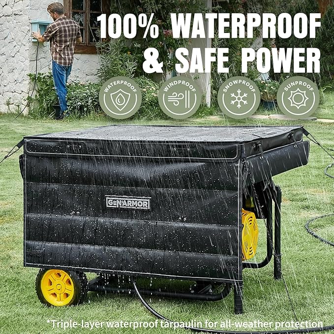GenArmor Generator Covers While Running, 100% Waterproof Heavy Duty Tarps Generator Tent, Portable Outdoor Generator Enclosure for Most 4000w~13000w Generators, Black, Windproof Kit Version
