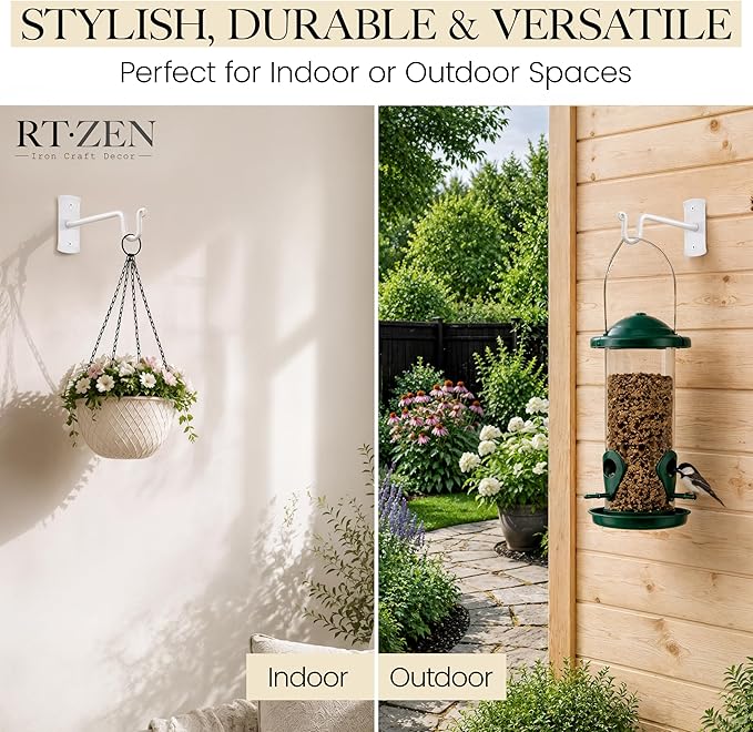 RTZEN Plant Hangers Outdoor or Indoor - Wrought Iron Metal Hanger Indoor Hook - Heavy Duty Wall Bracket Hooks for Hanging Plants Baskets Lanterns Bird Feeders - 2 Pack (White Shepherds Hooks 10")