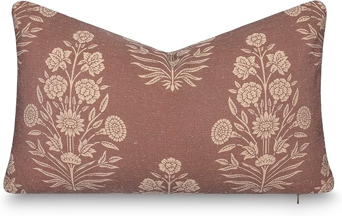 Crumbs Home Modern Farmhouse California Casual Indoor Outdoor Lumbar Pillow Cover, 12"x20" Water Repellent for Patio, Backyard, Couch, Poolside, Cocoa Brown Tan Print Floral