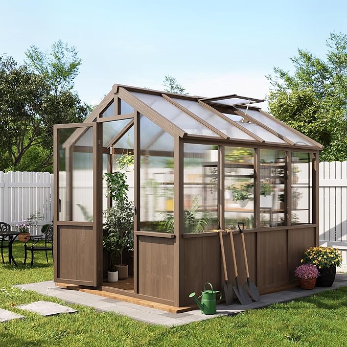 6x8 FT Greenhouse - Large Wooden Greenhouses for Outdoors, Heavy Duty Spruce Frame Greenhouse with PC Panels, Adjustable Roof Vents & Lockable Door, Walk-in Green Houses for Garden, Backyard, Patio
