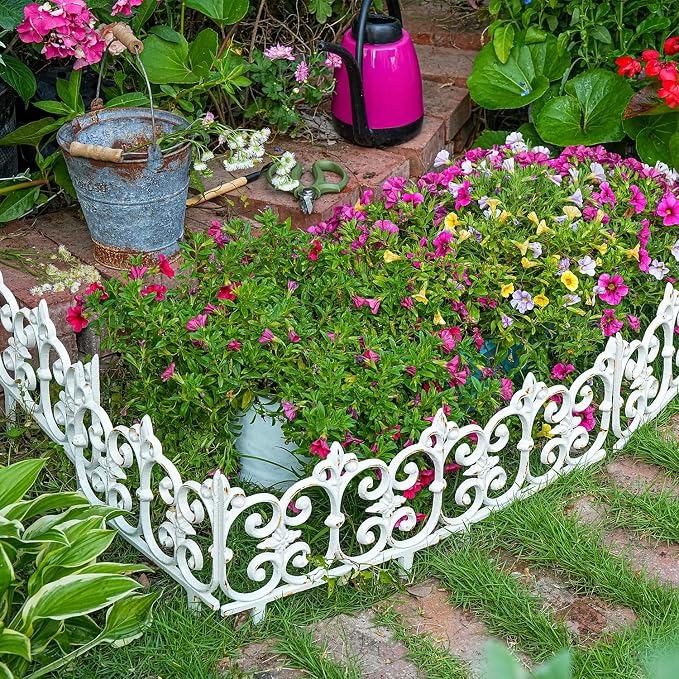 Sungmor Decorative Cast Iron Garden Edging, 4 Pack Rustic White Victorian Garden Edging Landscape Border, Vintage Metal Yard Stake Low Picket Fence, 10.6" Tall Outdoor Flower Bed Lawn Fence Panels