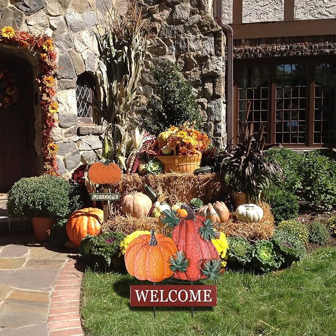 YEAHOME Fall Decorations for Home Outdoor, 22" Decorative Garden Stakes with 2 Pack Pumpkin Welcome Sign Fall Decor, Metal Yard Sign for Outside Garden Yard Lawn Patio Backyard Porch Decorations