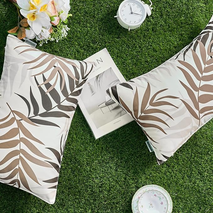 MIULEE Pack of 2 Decorative Outdoor Waterproof Throw Pillow Covers Patio Pillow Cases Natural Leaves Pattern Spring Square Cushion Shams Shell for Garden Balcony Couch 12x20 Inch, Coffee Brown