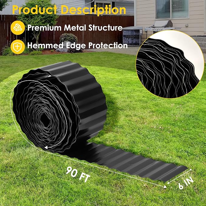 Vehipa Corrugated Garden Edging for Landscaping, 6" x 90 Ft Metal Garden Landscape Edging for Flower Bed, Lawn Edging Border Landscape Border for Garden, Yard DIY (Black)