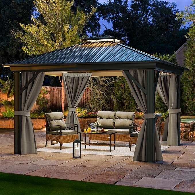 YITAHOME 12x12ft Hardtop Gazebo with Nettings and Curtains, Heavy Duty Double Roof Galvanized Steel Outdoor Combined of Vertical Stripes Roof for Patio, Backyard, Deck, Lawns, Gray