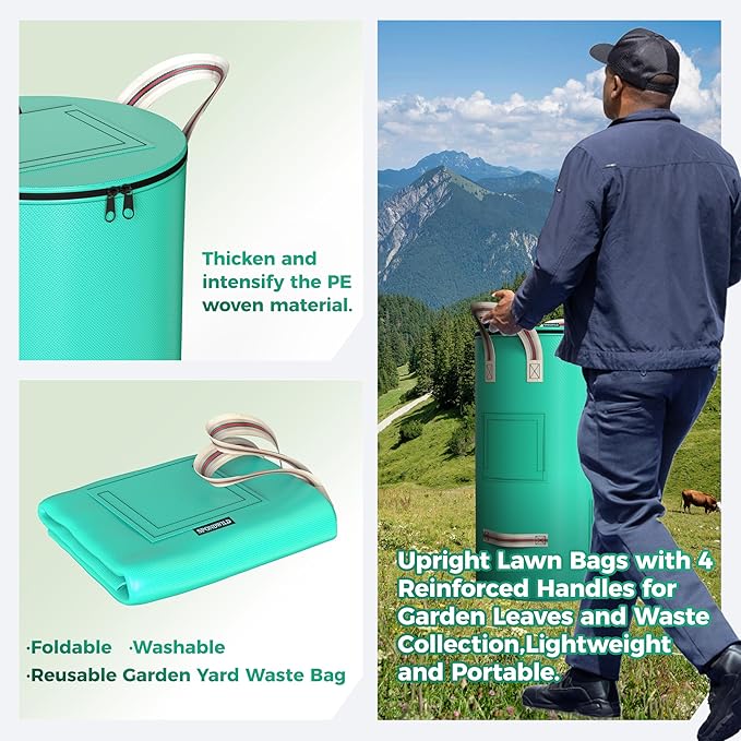 Reusable Garden Yard Waste Bag – 43 Gallon Breathable Thickened Reusable Lawn Bag, with 4 Handles for Easy Moving & Foldable Design, for Leaf & Miscellaneous Debris Collection(Green)