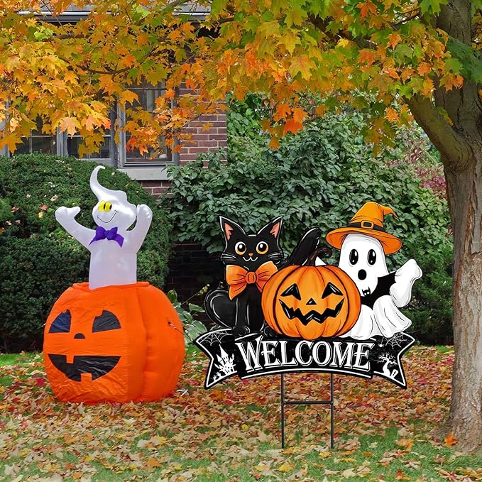 JarThenaAMCS Vintage Halloween Metal Garden Stake Pumpkin Ghost Black Cat Decorative Lawn Sign Welcome Yard Sign for Trick or Treat Party Home Outside Lawn Porch Decor