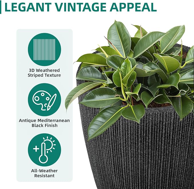 2 Pack 19" Tall Black Fluted Concrete-Look Resin Planters, Large Round UV-Resistant Flower Pots for Indoor Outdoor Plants, Decorative Ribbed Planters for Garden Patio Porch Home Office