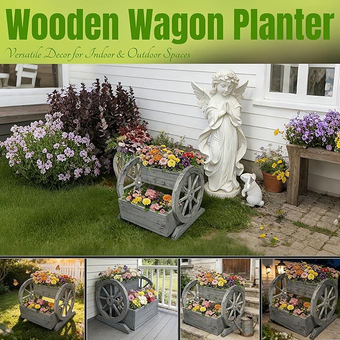 2 Tier Classic Wooden Wagon Planter Box|Outdoor Planter/Flower Pot for Indoor&Outdoor Plants-Rustic Garden Planter for Patio,Porch&Garden Decor-Raised Garden Bed for Succulents,Herbs,Vegetables
