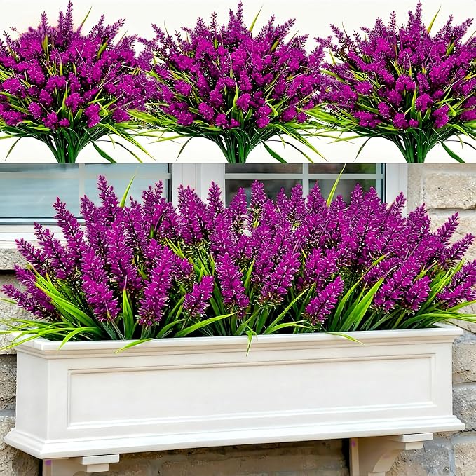 Geegoods Artificial Lavender Flowers for Outdoor - 24 Bundles UV Resistant Faux Fuchsia Plants with Monkey Grass, Realistic Plastic Flowers for Garden Porch Window Box Patio Hanging Planter Decor