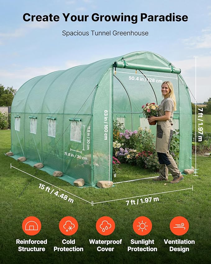 VEVOR Walk-in Tunnel Greenhouse, 15 x 7 x 7 ft Hoop House Greenhouse Tunnel with Watering System, Plant Hot House with Steel Frame, PE Cover, Roll-Up Zipper Door and 8 Windows for Outdoors, Green