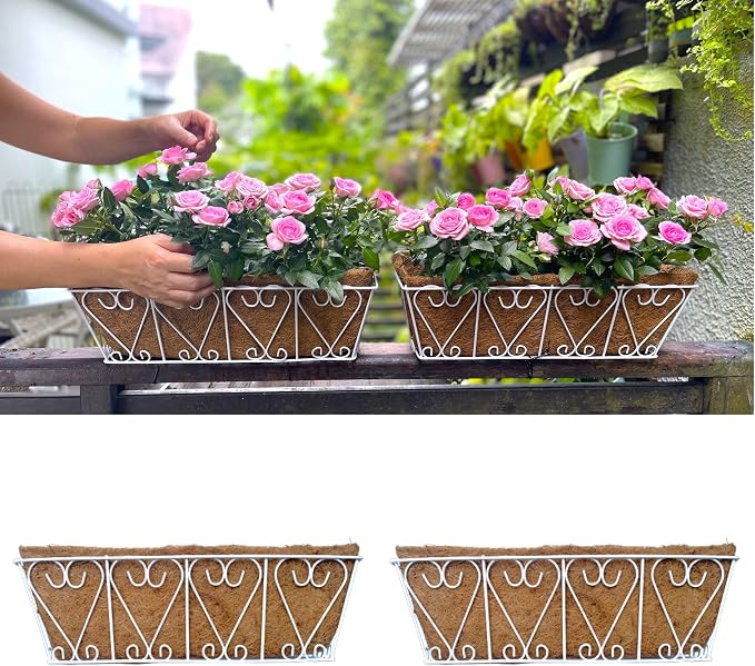 LaLaGreen Wall Hanging Planter - 2 Pack, 16 Inch Deck Railing Planter, Window Flower Boxes Basket Outdoor White Deck Railing Hanging Pot Coco Liner Metal Plant Holder Fence Planter Balcony Patio Porch