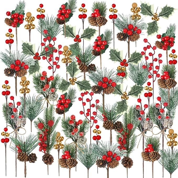 Riceshoot 42 Pcs Christmas Picks with Pine Cones Holly Berry Artificial Red Berries Stems Pine Branches Small Christmas Berry Picks for Crafts Wreath Garland Decoration