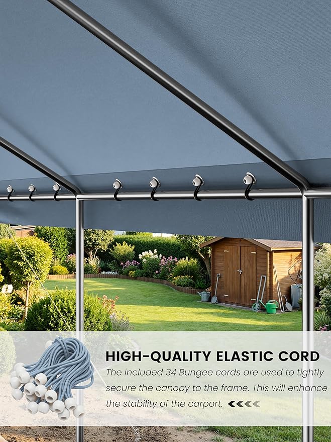 12 x 20 Ft Carport Replacement Cover, Heavy Duty Outdoor Car Tarp Canopy, Waterproof & UV Protected Tear Oxford Tarp with Ball Bungees (Frame is Not Included)