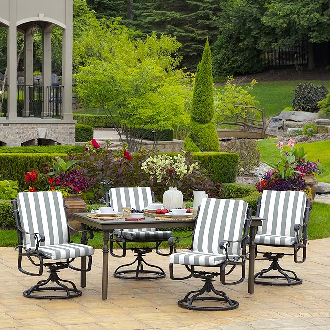 Arden 2-Pack Outdoor Patio Dining Chair Cushion, 20x44, Rain-Proof Seat Pad, Fade-Resistant Outdoor Cushion Stone Grey Cabana Stripe