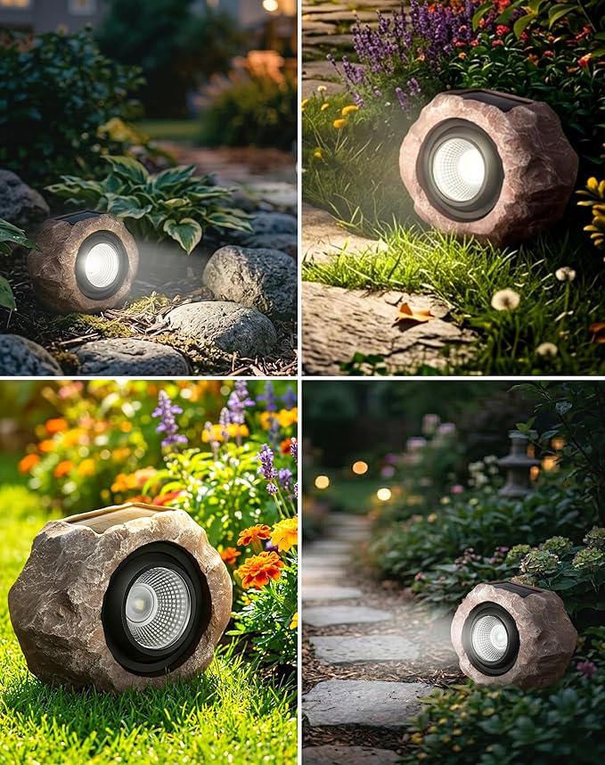 4 Pack Solar Rock Lights Outdoor, Angle Adjustable Solar Lights Outdoor Waterproof, LED Solar Garden Lights, Auto On/Off Landscape Lighting for Yard Pathway Patio Flower Bed - White Glow (Stone Brown)