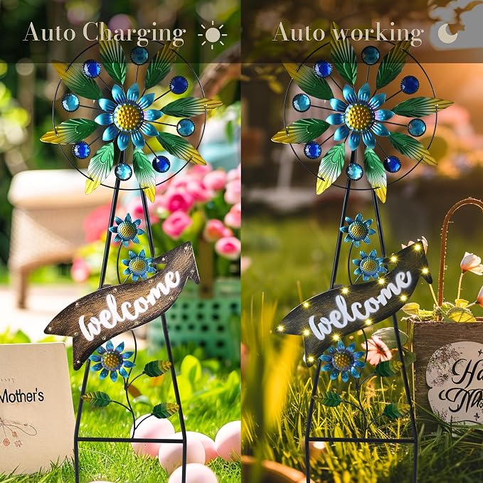 TERESA'S COLLECTIONS Wind Spinners Outdoor Solar Decor, Hummingbird Metal Windmill for Yard Decorative Garden Stakes for Porch,Garden,Yard,35"