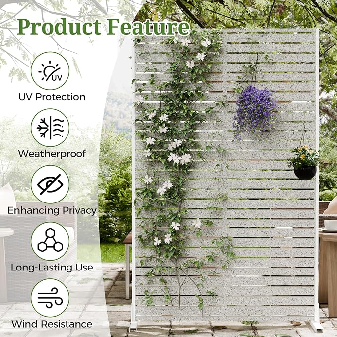 Privacy Screen Outdoor 72" Hx47 W Freestanding Privacy Panel with Stand, HDPE Decorative Privacy Fence with Sandblasting Louver Pattern, Patio Divider Screen, Privacy Screens for Outside