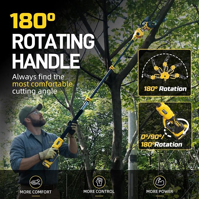 10-Inch Pole Saws for Tree Trimming, 1000W Brushless Mini Chainsaw with 14.6FT Max Reach, 3.0Ah Battery Powered Tree Trimmer Electric Pole Saw, Tool-Free Chain Tension, Auto Oiler, 180°Pivoting Head