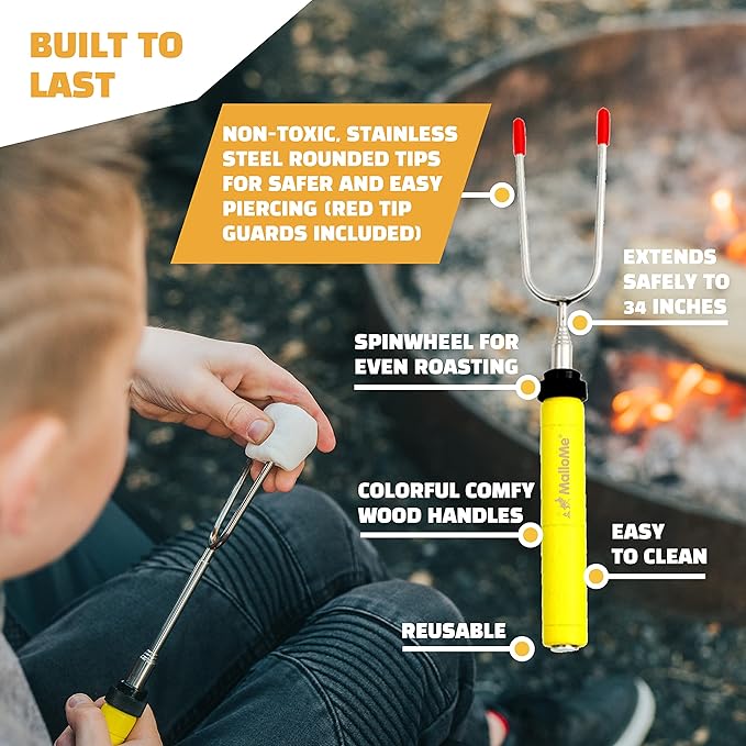 MalloMe Smores Sticks for Fire Pit - Accessories for Campfire Marshmallow Roasting Sticks Smores Kit Outdoor - Smore Skewers Hot Dog Fork For Outside, Camping Essentials Bonfire Gear Long 34" 20 Pack