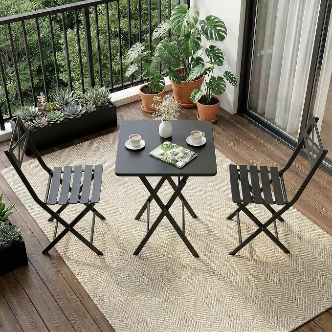 GarveeTech 3-Piece Folding Bistro Set, Heavy Duty Outdoor Patio Furniture with 2 Chairs & 1 Table, Weather-Resistant Steel Frame, No Assembly Required for Garden, Yard, Balcony,Black